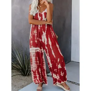 [Tie Dye Print Cami Jumpsuit] V Neck Loose Tie Dye Print Cami Jumpsuit - Boho Casual Jumpsuit For Spring & Summer - Women's Clothing Womenswear Overalls