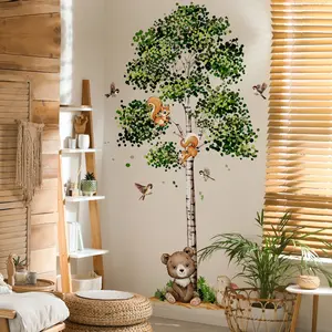 Set of 3 Hand-Drawn Tree Bear Rabbit Animal Wall Stickers, 30x90cm, Home Decor for Living Room & Bedroom Walls, Decorative Sticker, Art Stickers, Nursery