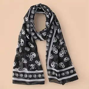 Halloween Skull Print Casual Scarf Solid Color Gauze Shawl Elegant Head Wrap Windproof Headscarf Hijab Sunscreen Travel Beach Towel