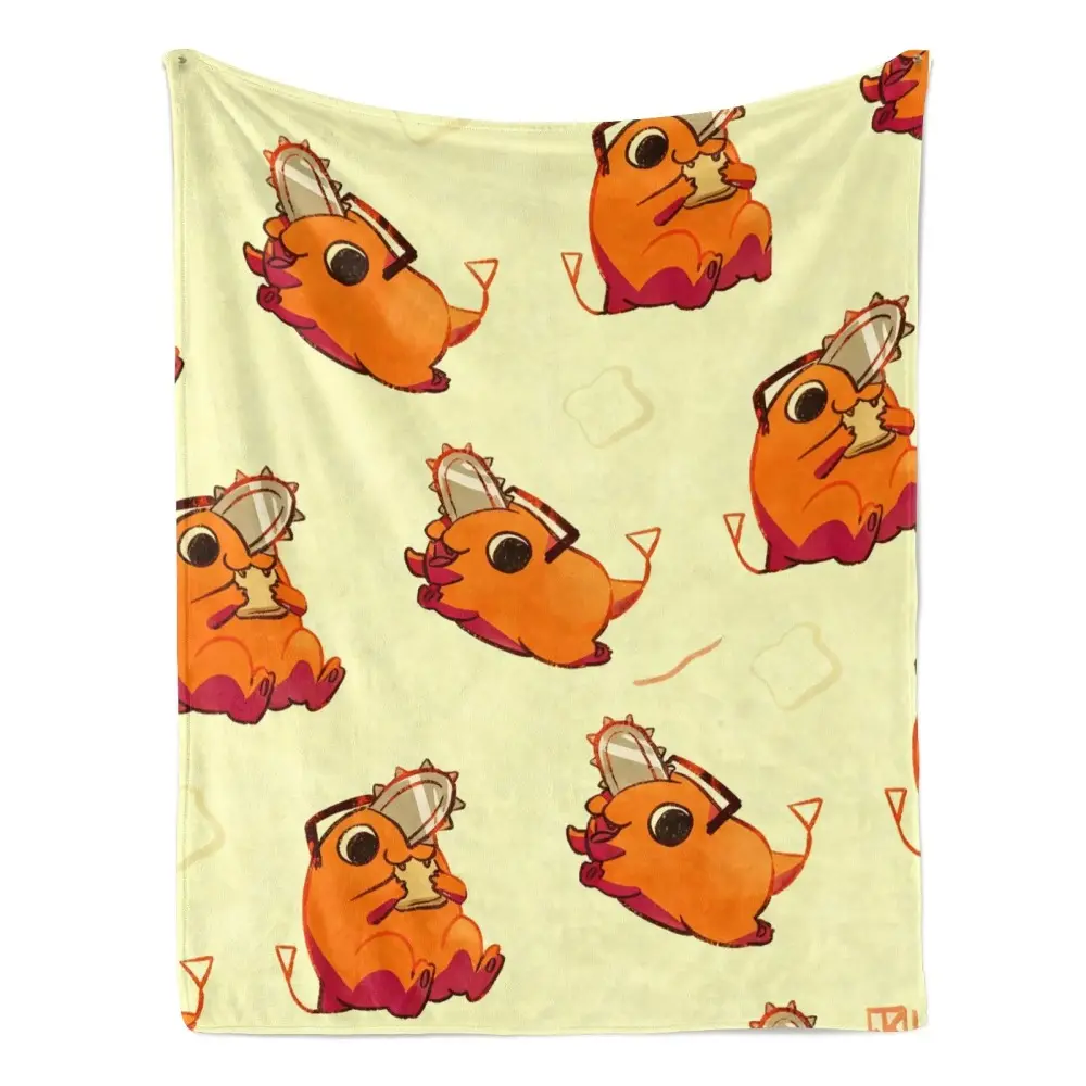 Chainsaw Man Pochita Flannel Throw Blanket - Cozy Cartoon Blanket, Light Yellow Cute Toast-Eating Pochita Pattern, Warm Soft Furnishing Bedding Linen, Gift for Boys' Birthday