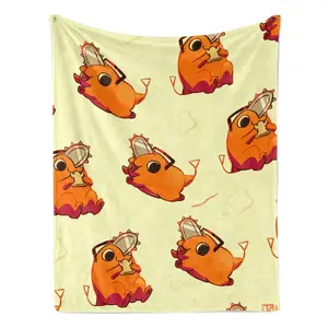 Chainsaw Man Pochita Cute Pattern Flannel Blanket Light Yellow with Adorable Pochita Eating Toast Repeated in Playful Design for Fans