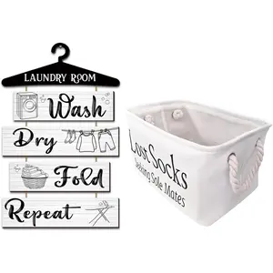 Lost Sock Basket for Laundry Room and Wash, Dry, Fold, Repeat Sign Set, Rustic Farmhouse Laundry Decor and Accessories (White, Foldable)