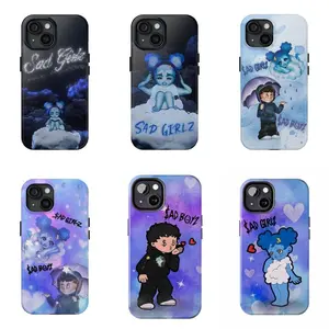 Sad Girlz&Sad Boyz series phone case with blue melancholy illustration style, healing emo atmosphere, suitable for iPhone full range anti fall all inclusive protective cover air pro promax beautiful
