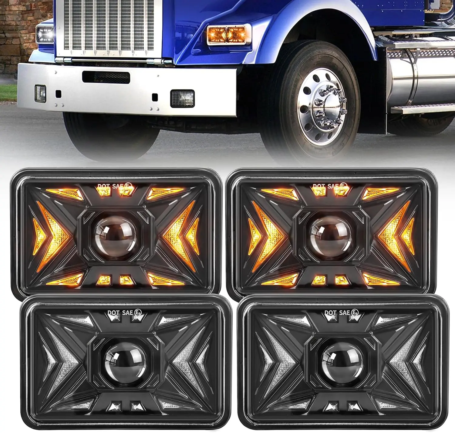 4x6 Inch Rectangular LED Headlights, DOT Approved, DRL Amber Turn Signal Sealed Beam Headlamp, H4651 H4652 H4656 H4666 H6545 Replacement, Compatible with Peterbilt Kenworth Freightliner Heavy Duty Trucks, 4PCS
