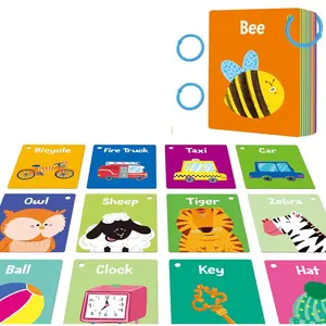 50 PCS First Word Flashcards, Double Sided Learning Cards Alphabet, Foods, Animals, Shapes, Colors, Vehicle, Body Parts with 2 Reclosable Rings, Learning Tool for Pre-K Kindergarten Toddlers