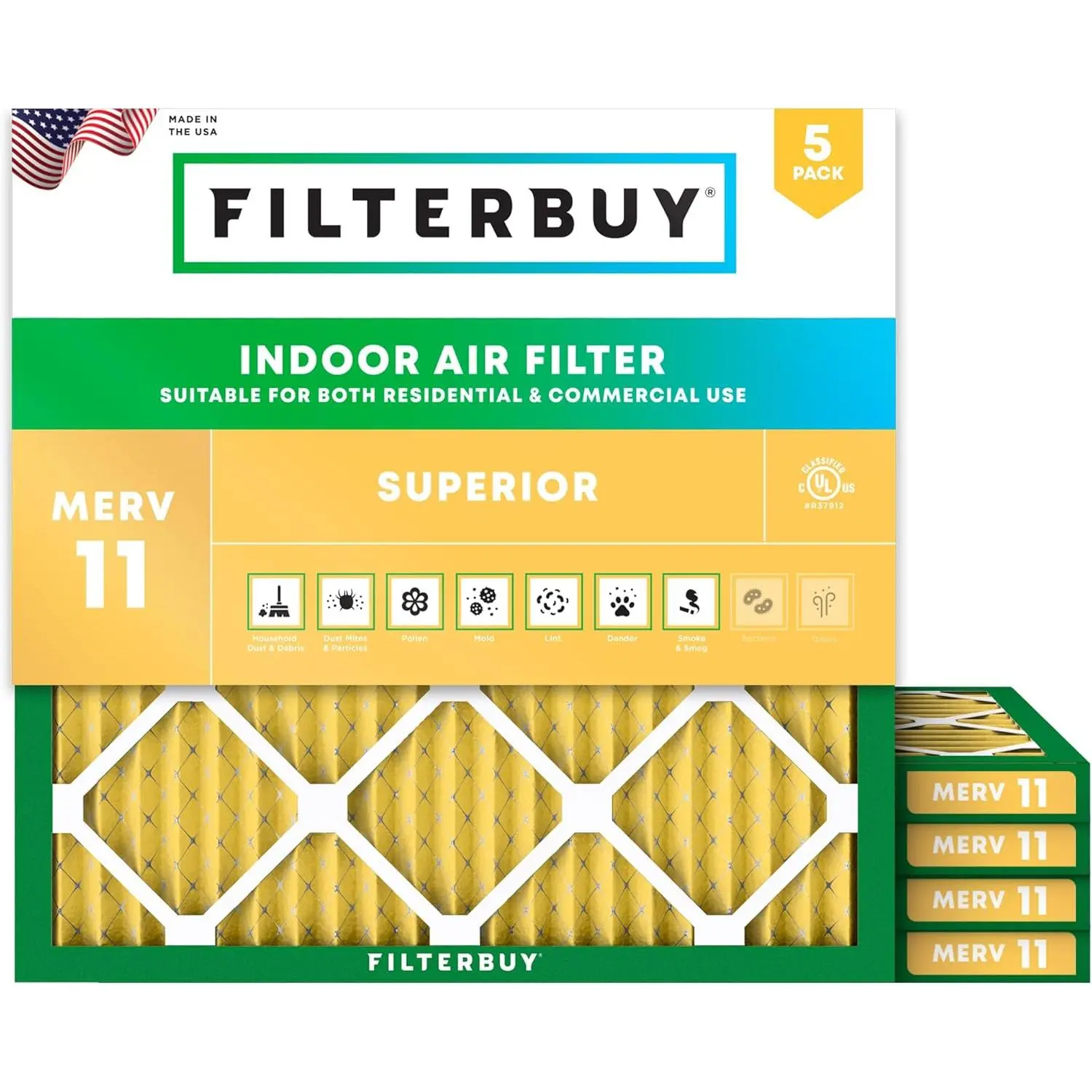 Filterbuy 12x12x1 In HVAC AC Furnace Air Filter (5-Pack), Pleated MERV 11 Allergen Defense Appliances Filter (Actual Size: 11.75x11.75x0.75 In)