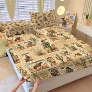 Western Cowboy Style Fitted Sheet Set (2 Pillowcases), Desert Cactus & Vintage Rodeo Print, Breathable & Skin‑friendly, Create Rustic Country Room Vibes, Decorative Bedsheet Sets