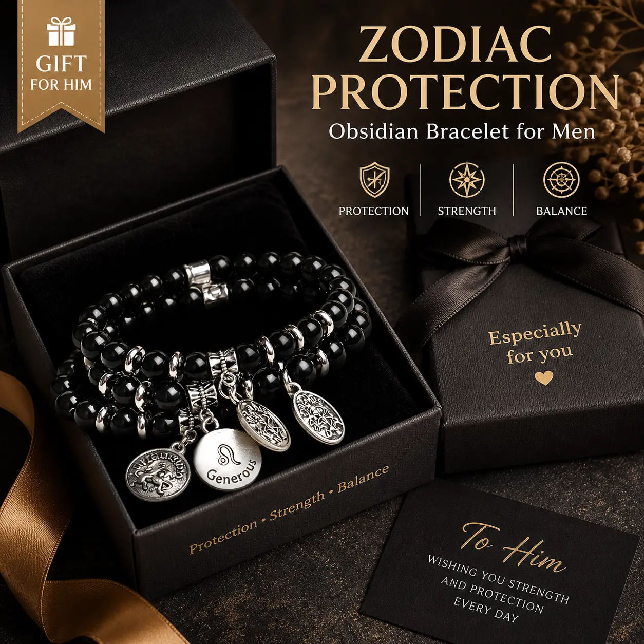Original Design Zodiac Series Natural Black Obsidian Bracelet | Custom 12 Constellations Retro Silver Charm Jewelry | Handcrafted Matte Gemstone Beaded Bracelet | Personalized Gift for Him & Her