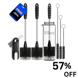 6 Pack Bottle Brush Set - 14'' Long Handle Stainless Steel Bottle Cleaner with 3 Straw Brushes - Black