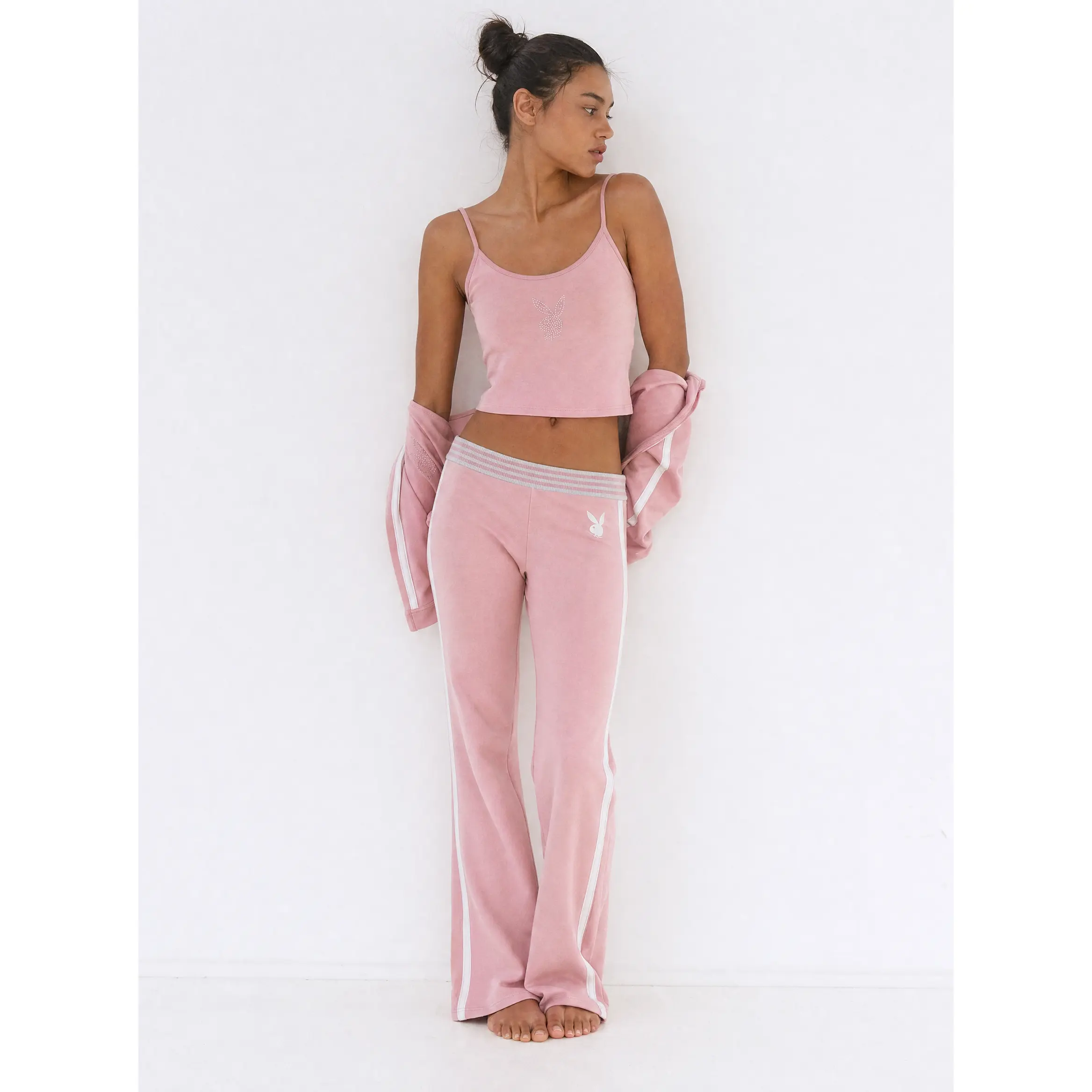 Playboy 90s Baby Pink Flare Pant Set Rhinestone Bunny Y2K Lounge