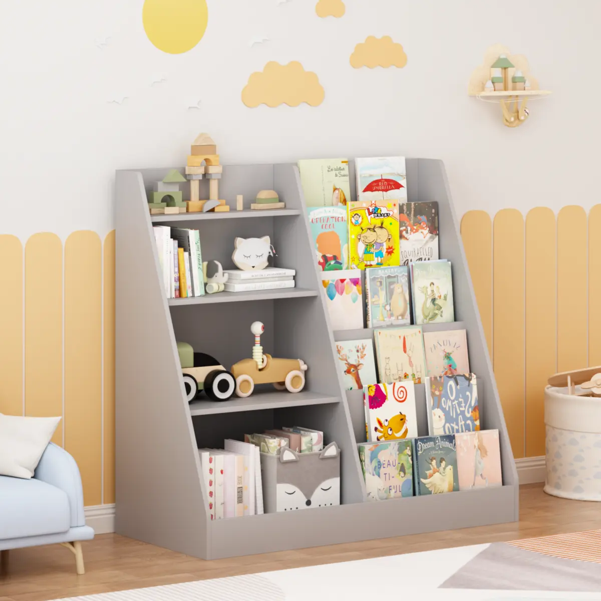 Kids Neutral 4-Tier MDF Wood Bookshelf - 2-in-1 Storage & Display Stand with Safe Smooth Edges, Kid-Reach Shelves, Quick Setup, Toy Organizer for Nursery, Book Holder (Books Included), Book Nook, Family Friendly