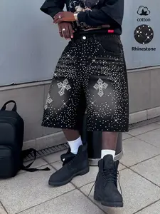 high waist Rhinestone-Embellished Jeans Low Rise Raw Hem Denim Shorts baggy jeans Distressed Slim Straight Jeans