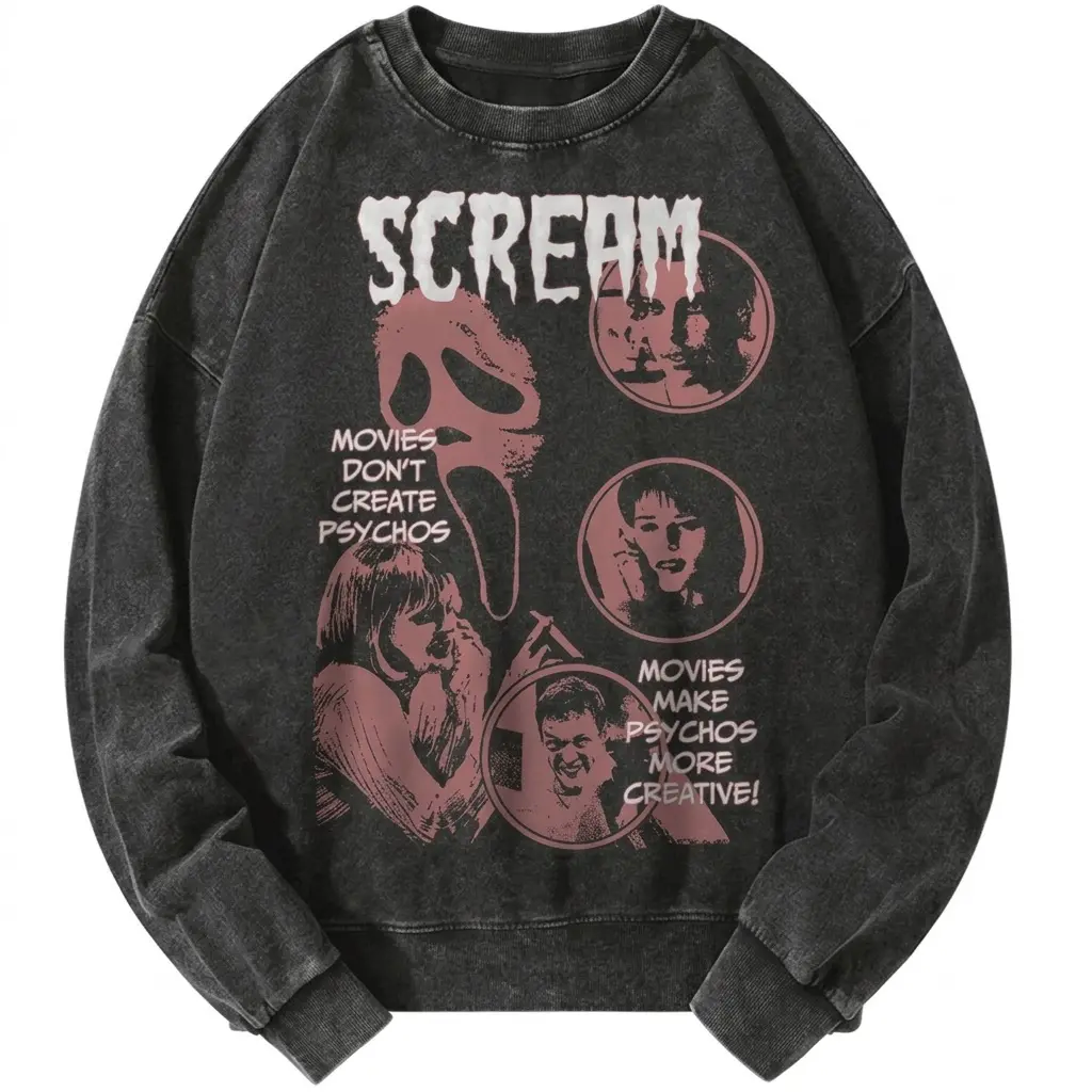 Scream Vintage Sweatshirt, Ghostface Movies Don’t Create Psychos Distressed Halloween Horror Graphic, Gift for Horror Movie Lovers