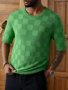 2026 #SummerVibes Elegant and Simple Knitted Short-Sleeved T-Shirt with Round Neck as Base Layer for Men and Women - Plaid Patterned Casual Basic Sports Shirt