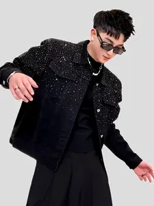 Men's American-Style Denim Jacket - Premium Edgy-Cool Menswear Coats, Heavy-Duty Craftsmanship, Sparkling Rhinestone Embellishments, Light Luxury Streetwear (Ideal for Stylists)