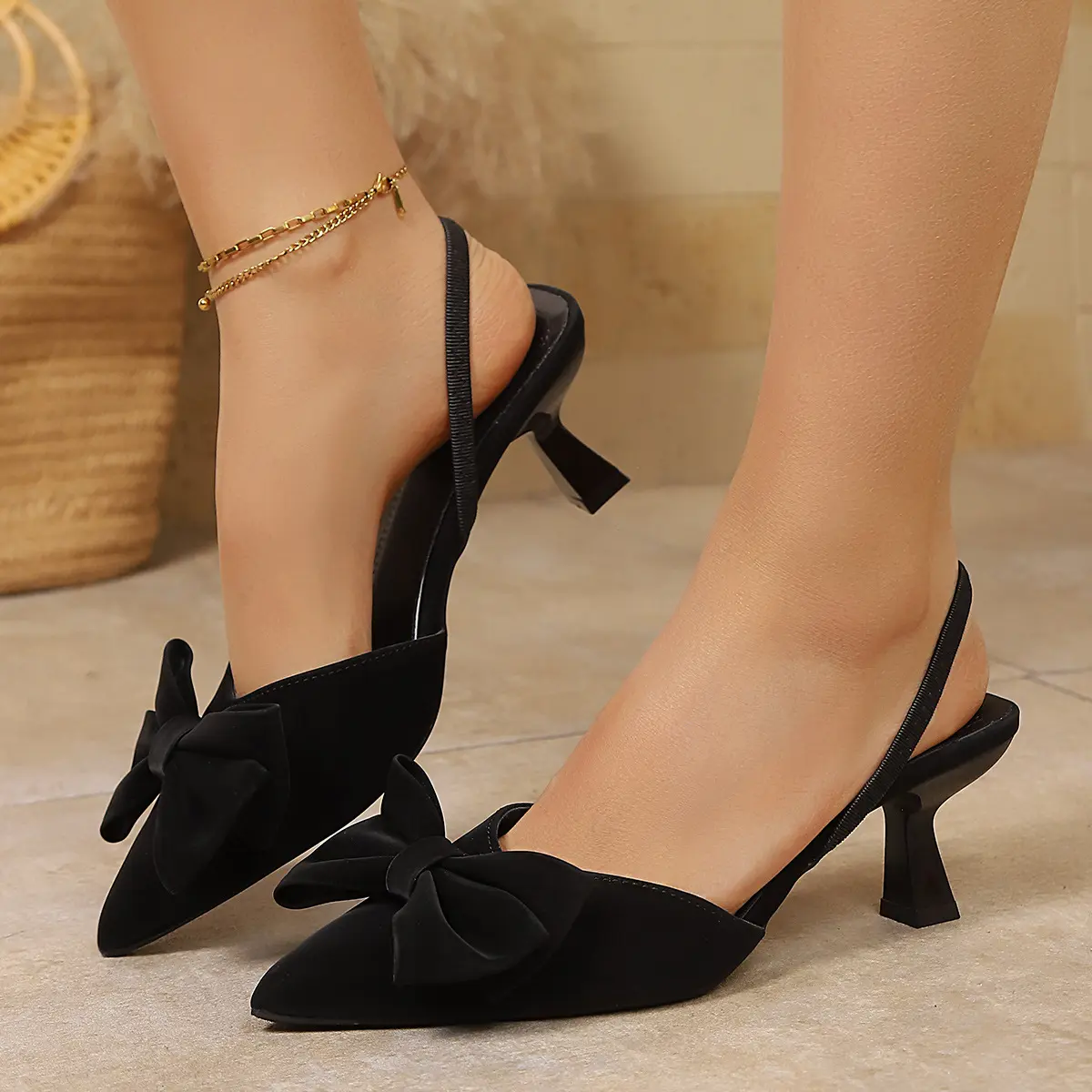 Stylish Women’s Pointed Toe Slingback Sandals Featuring Delicate Bow Accent Mid Heel Stiletto Design in Soft Faux Suede Perfect for Weddings Parties and Dressy Events
