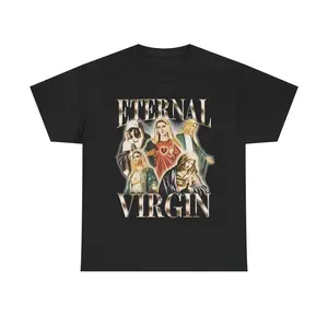 Eternal Virgin Funny Graphic T-Shirt, Vintage Religious Meme Tee, Sarcastic Humor Shirt, Bold Statement Streetwear, Unisex Novelty Gift
