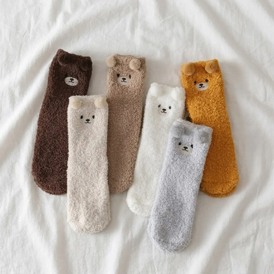 Snooze Pals Teddy Socks 5 Pack - Premium Coral Velvet Crew Socks for Women, Embroidered Bear Design, Ultimate Cozy Collection, One Size