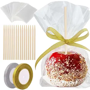 200 Pack Candy Apple Caramel Apple Sticks and Bags,100 Bags,100 Sticks, 50 Yard Gold and Silver Glitter Ribbon Caramel Fruit Making Kit