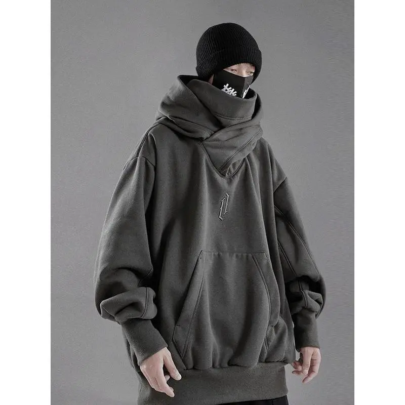 Embroidery Turtleneck Sweatshirt For Men Japanese Ninja Hoodies Autumn Hip Hop Fleece Pocket Streetwear Oversized  Hoody