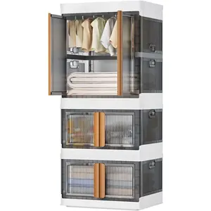 Storage Bins with Lids, Collapsible Closet Organizers and Storage 39.6 Gal, Clear Wardrobe Organizer,Stackable Plastic Container with Door for Book Clothes Home Organizing(2 Bins+ 1 Cabinet) Box Boxes