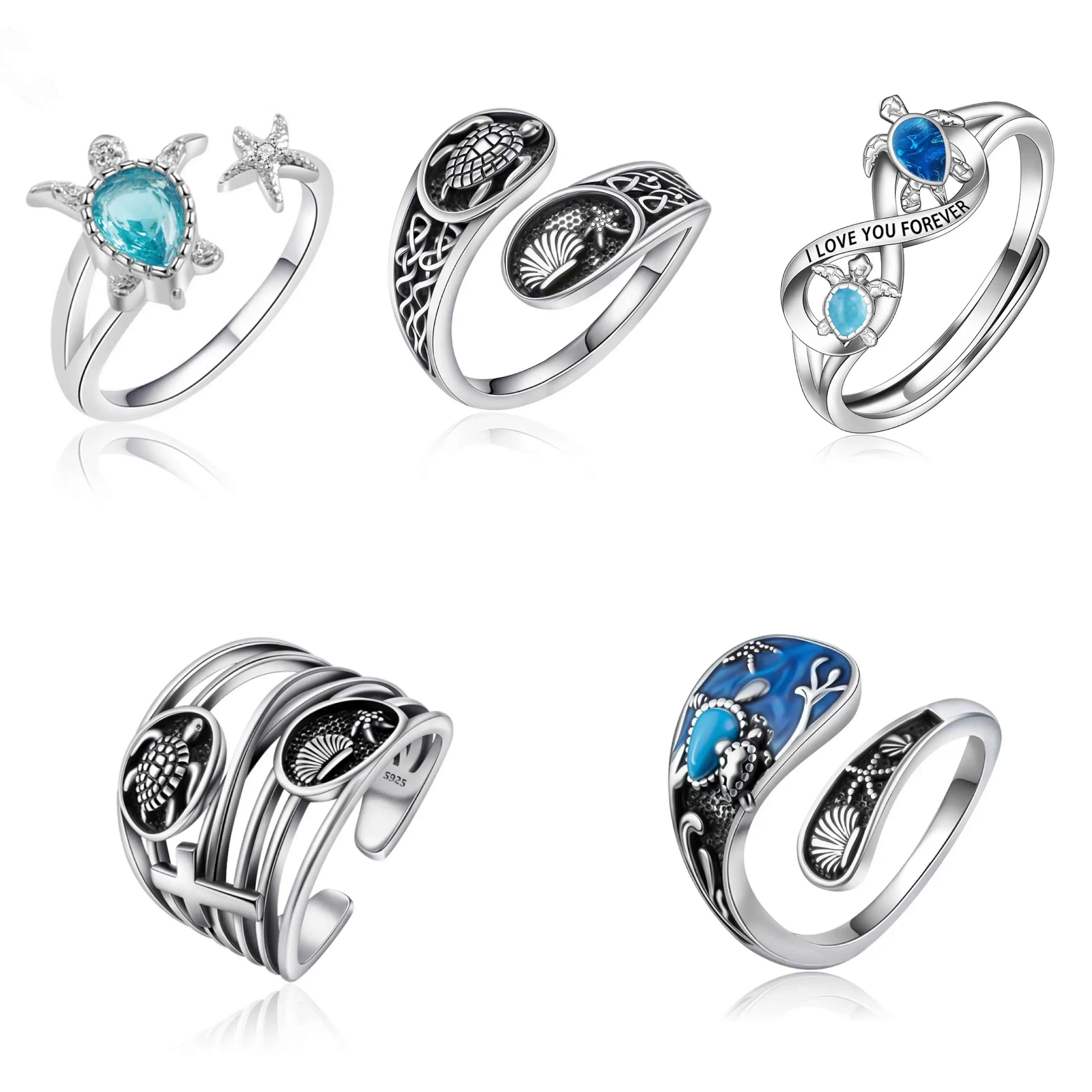 AELNEN S925 Sterling Silver Adjustable Open Ring for Girls,Ocean Element Designed,Daily wearing,Summer Jewelry,Gift For Her