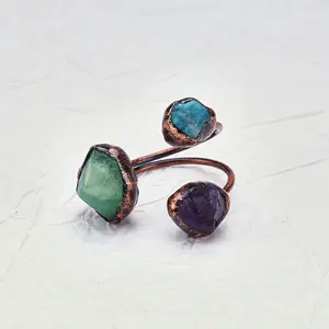 3-Crystal Ring: Blue Apatite, Amethyst & Green Fluorite | Blue Apatite for Calm + Amethyst for Luck + Fluorite for Mood Soothing | Hand-Inlaid | Retro Color Block | Natural Gemstone Jewelry【PS.1.47 LIVE】