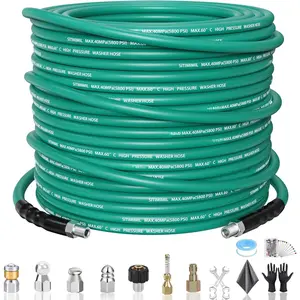 100FT Sewer Jetter Kit for  Washer,1/4''NPT Drain Cleaner Hose 5800PSI, With Adapter Corner Rotating Button Nose Sewer Jetting Nozzles Kit  Corsage Pin Spanner  Tape