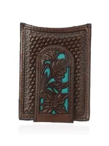 Nocona Men’s Magnetic Money Clip Wallet – Blue Floral Inlay with Basket Weave & Concho