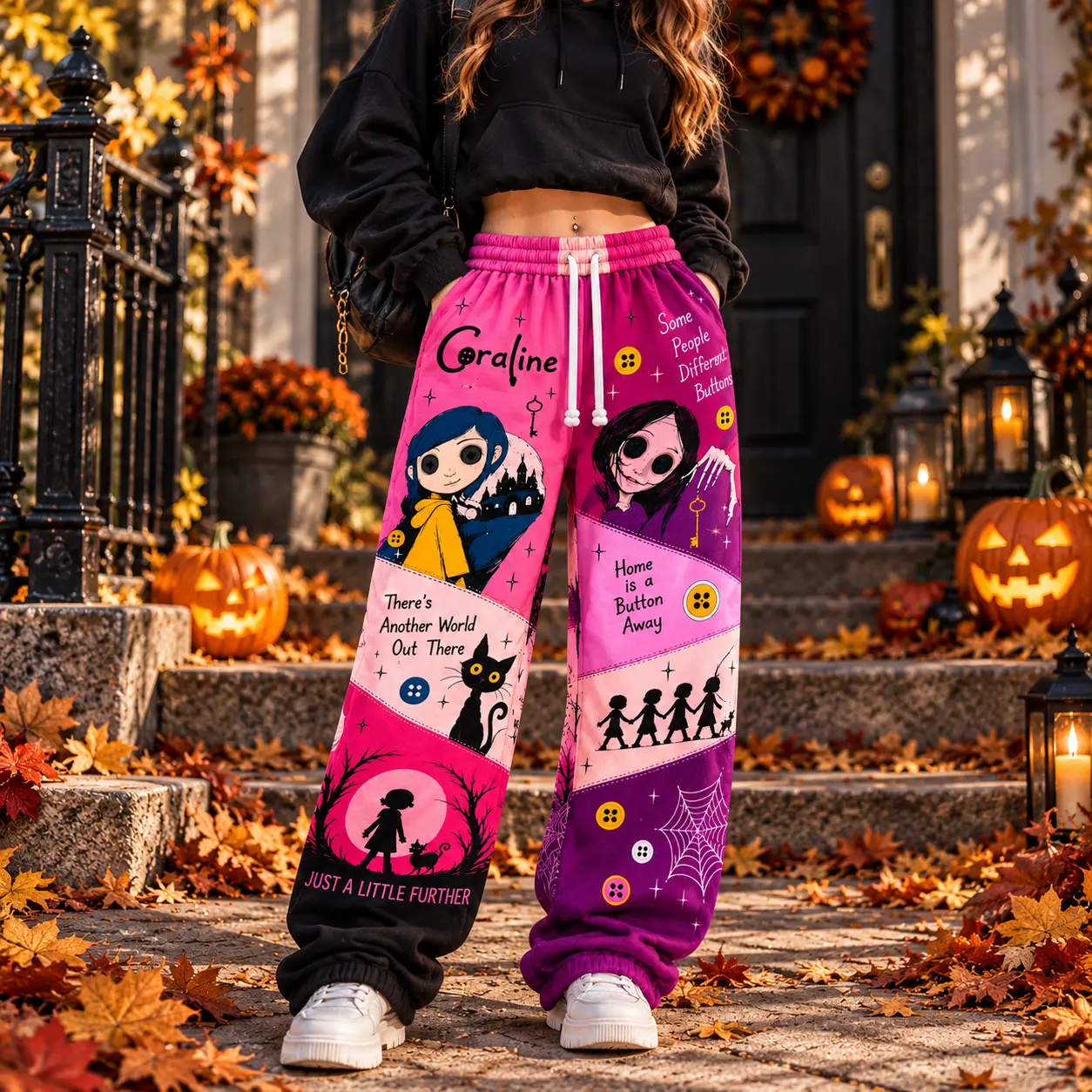 Button Eye Other World Patchwork Loose Sweatpants, C0raIne Hall0ween Jogger Pants, Spooky Fantasy Graphic Wide Leg Jogger Pants, Black Cat Key Streetwear