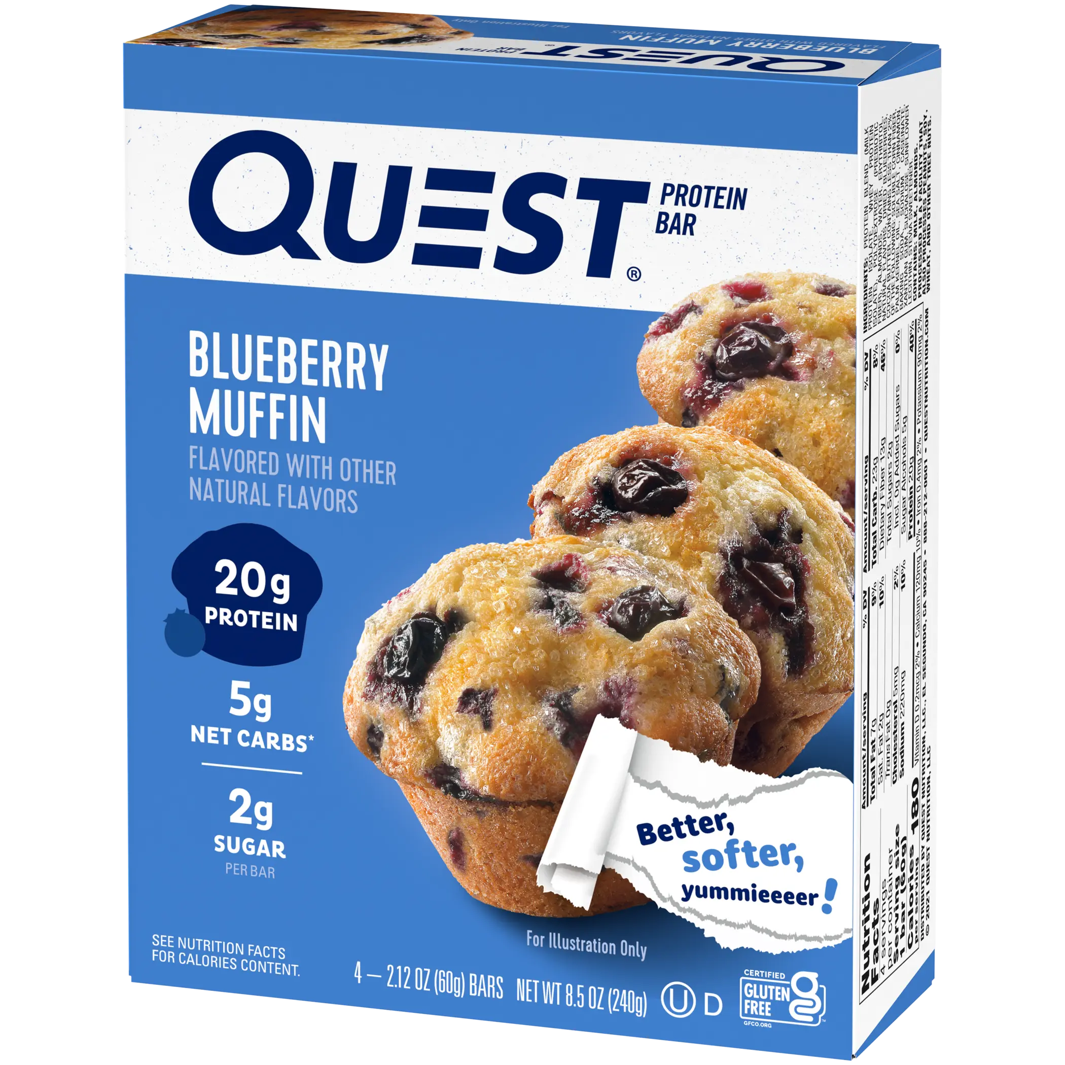 Quest Protein Bar, Blueberry Muffin, 21g Protein, Gluten Free, 4Pk