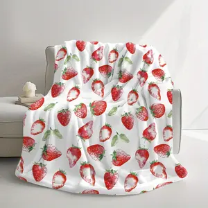 Strawberry Print Flannel Throw Blanket, Soft Warm Knitted Polyester Quilted Throw for Nap, Camping, Travel, Car, Office - All Seasons Contemporary Cozy Digital Printed Memorabilia Gift for Classmates, Friends, Family