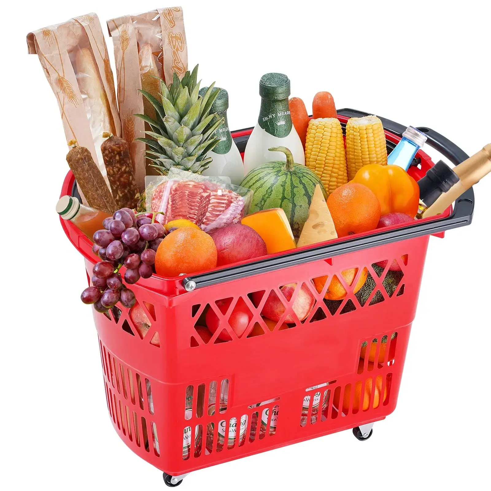 6PCS 39L Plastic Rolling Shopping Baskets with Handles & Wheels, Large Portable Set for Supermarkets, Grocery Shopping, Red