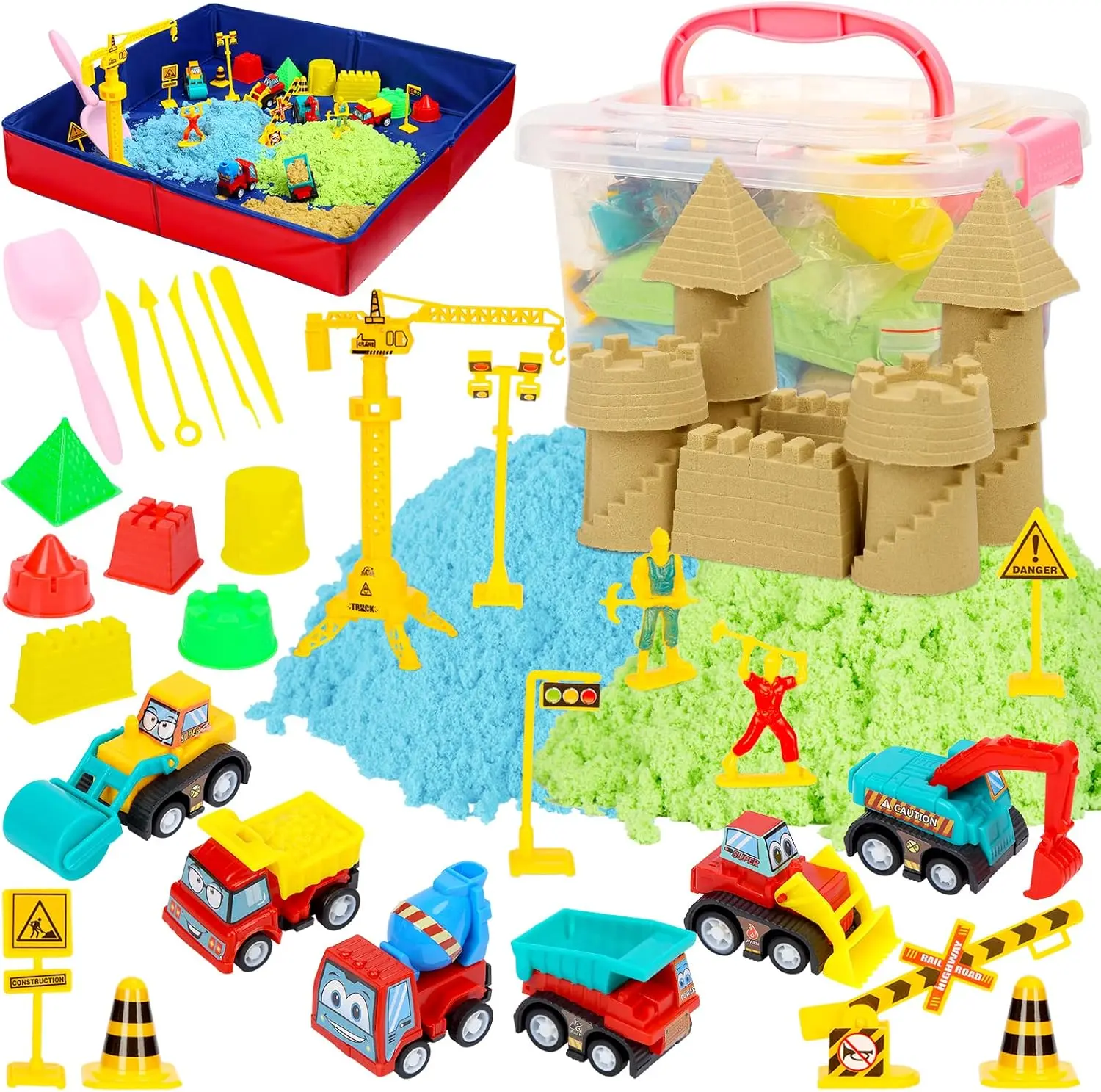 43 Piece Kinetic Sand Set with Trucks & Molds, 3lbs Super Soft Modeling Sand for Kids, Indoor Outdoor Sensory Play Kit with Storage Bin & Mat, Birthday Gift for Boys Girls Ages 3+
