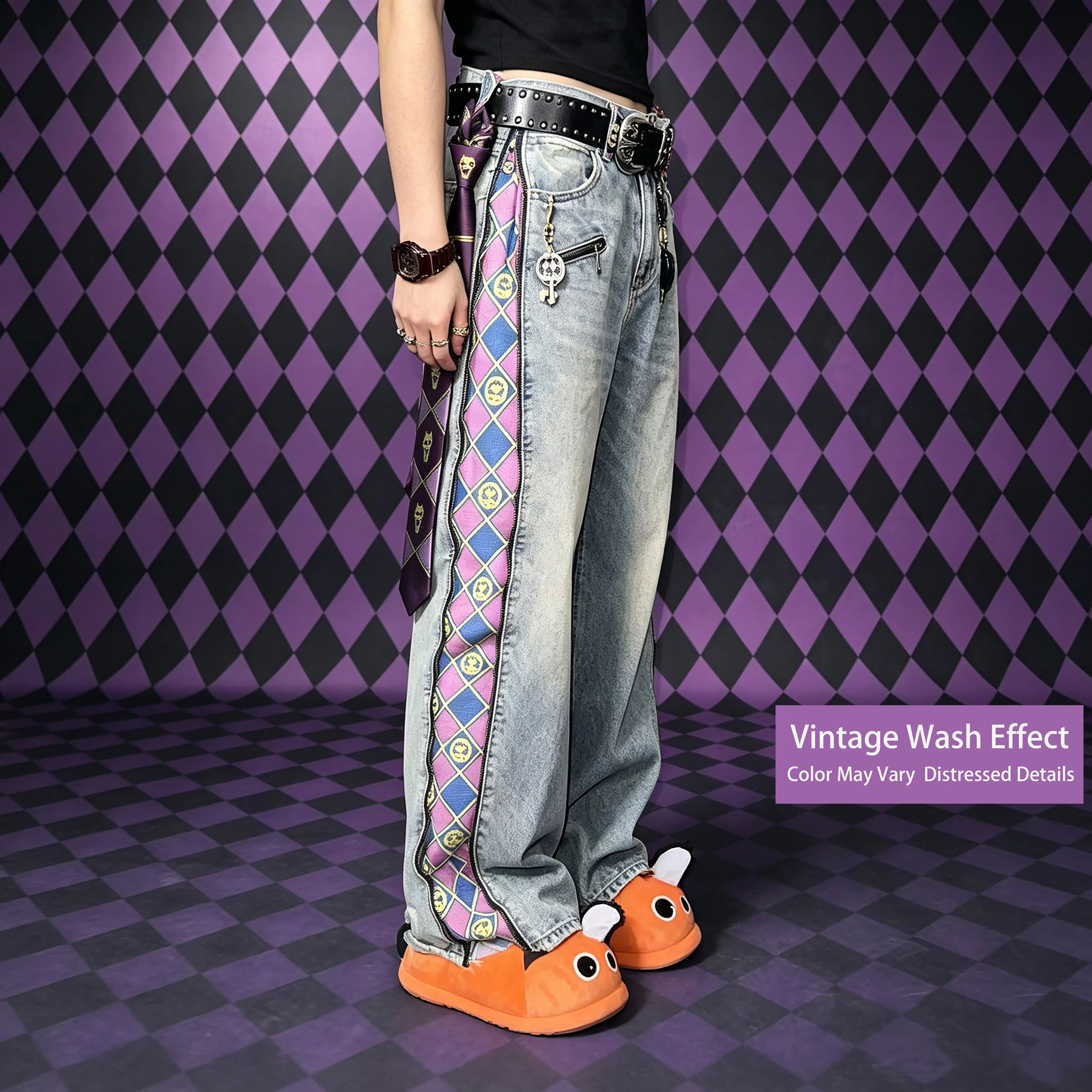 Inkhausstore-Inkvaultarchive Zipper Aicd wash Jeans JJBA Collaboration – Casual Denim Trousers with Zipper & Plaid Details; Distressed, Slightly Stretch Brunoy, Floor-Length Fit.Streetwear Stylish.Unisex Anime merch.OOTD Fashion.