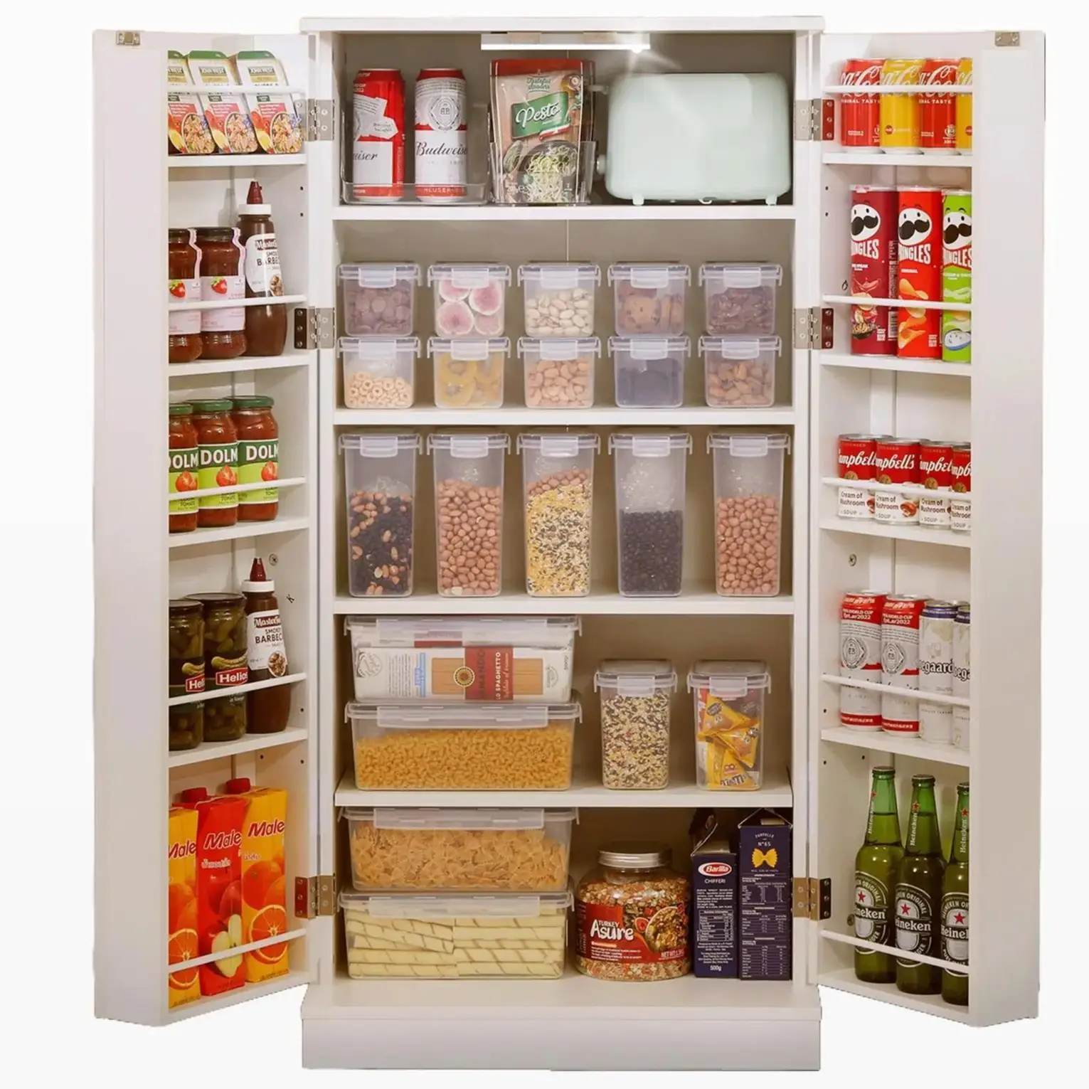 50" LED Kitchen Pantry Storage Cabinets, Modren Food Cabinets with 2 Doors, Racks & Shelves, Adjustable for Small Spaces, White Cupboard Organization