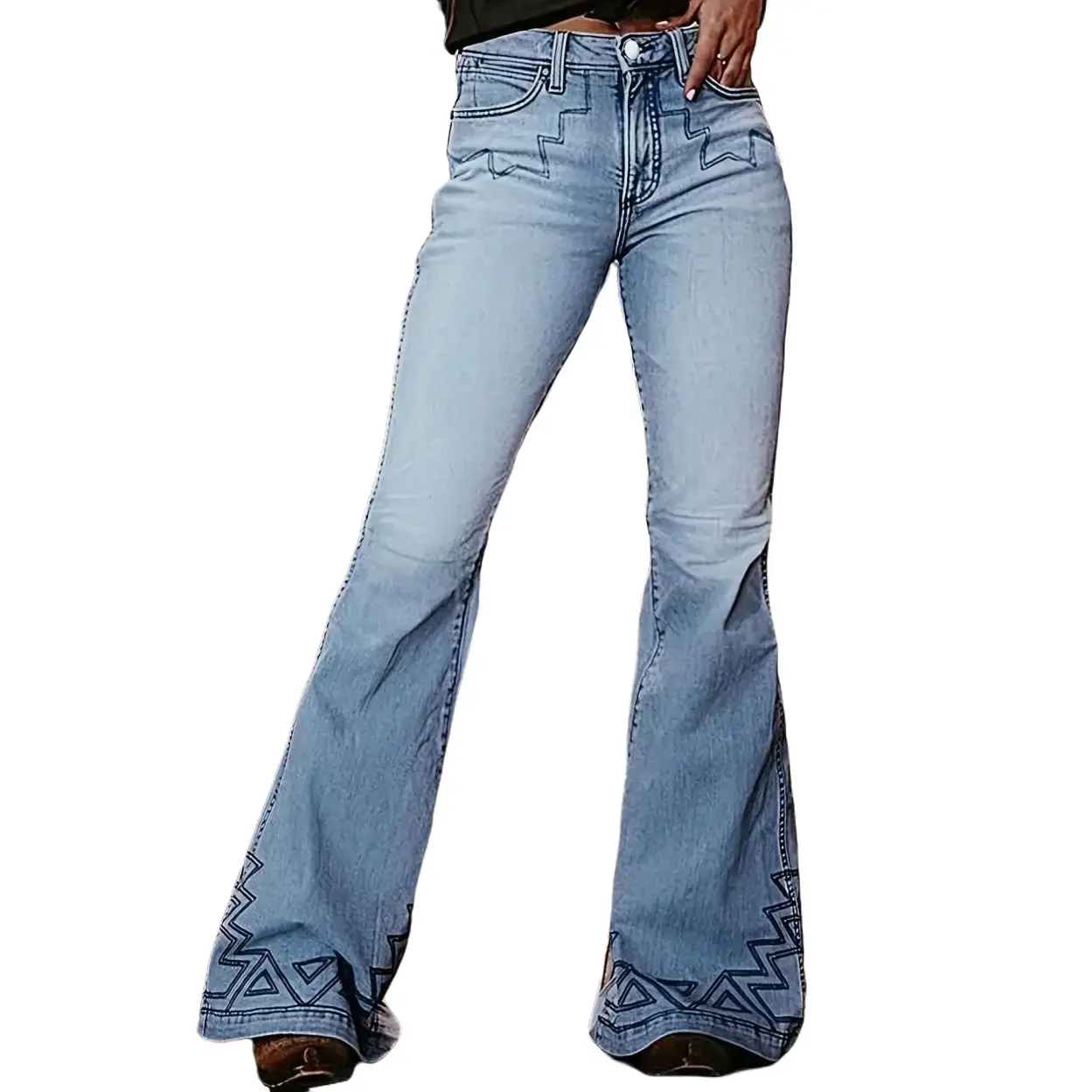 Women's Vintage Western Jeans with Geometric Embroidery, High-Waist Wide-Leg Cut in Thick, Floor-Length Flared Denim, Smooth, Belt, Streetwear, Accessories, Flare Pants, Crop Tops, Everyday, Fabric
