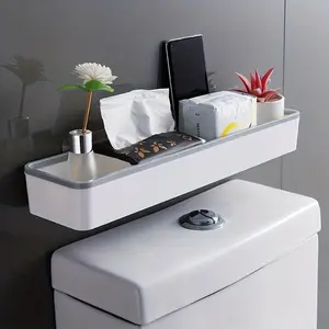 Wall-Mounted Toilet Paper Holder, Plastic Bathroom Organizer, Adhesive No-Drill Rack for Tissues, Phone & Small Items Storage