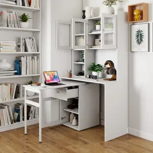 Computer Desk with glass door for Home Office or Study desk,  Bookshelf & Hutch, Computer Desk with 90 Degree Rotating Desktop,Large Working Space