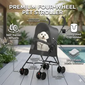 Pet Stroller for Small Dogs & Cats, Lightweight Foldable Travel Cat Dog Carrier Stroller with Breathable Mesh Ventilation & Cup Holder