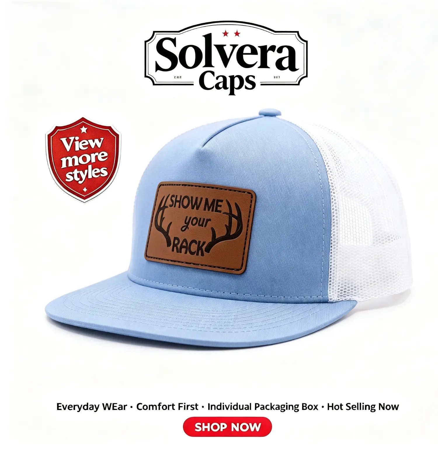Show Me Your Rack Breathable Cotton Trucker Cap - Light Blue, Mesh Back, Leather Patch, Custom Patched, Adjustable Snap Casual Hat, Breathable Cap, Cotton Cap Hats, Custom Patched Hats
