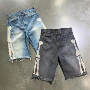 Summer retro skeleton denim shorts sports casual shorts new couple wearing street street 55 pants 2025 Europe and America(Sheets)