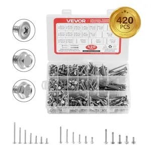 VEVOR 420 PCS Self Drilling Screws, Stainless Steel # 8 # 10 Sheet Metal Screw Assortment Kit for Metal and Wood, Phillips Truss Head & Hex Head Self Tapping Screws, Length 1/2 Inch to 2 Inch, Silver