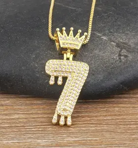 14K Gold Plated Iced CZ Baseball Number Pendant Necklace Crown #7