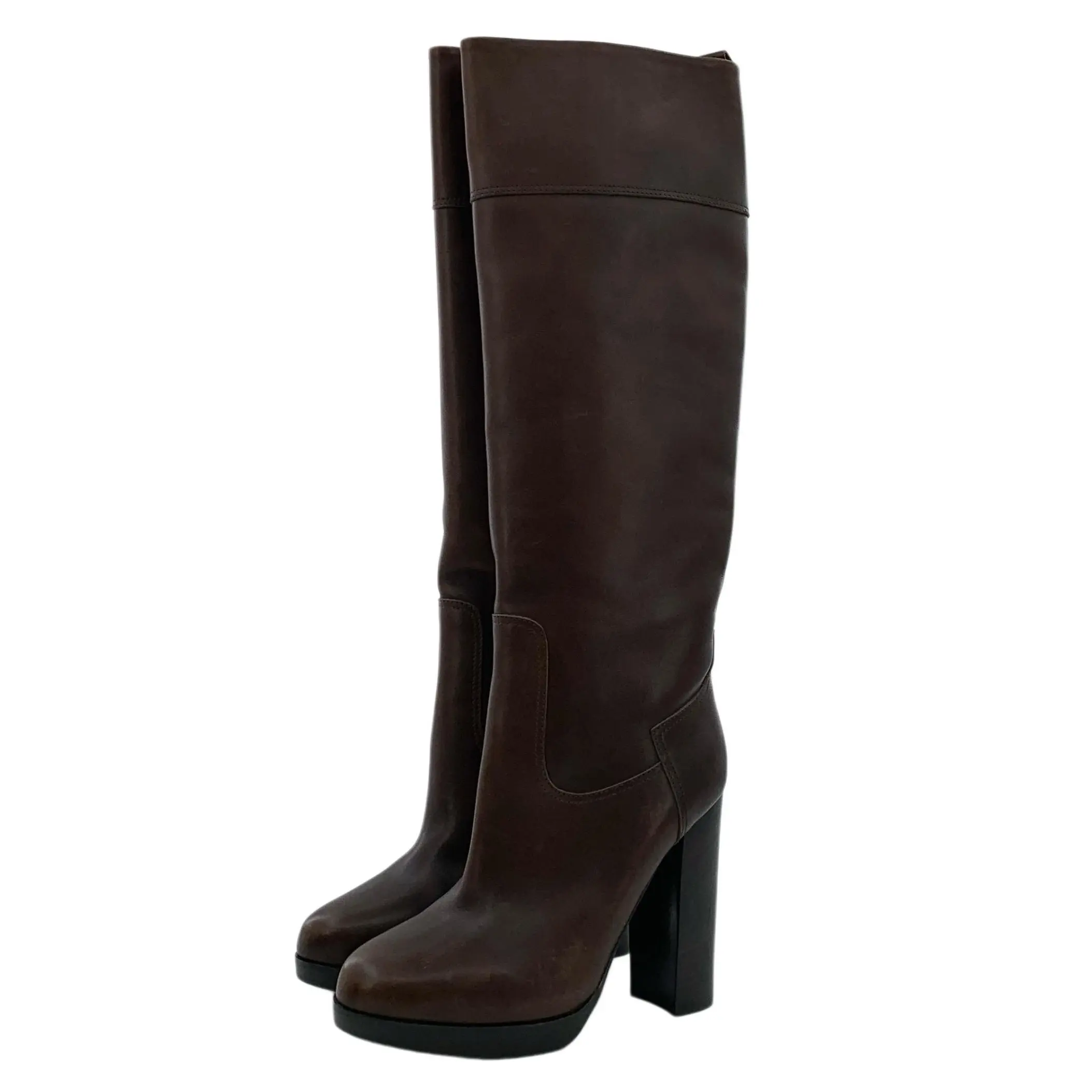 RDLT-Hermès Size 37.5 Dark Brown Round-Toe Leather Block Heel Knee-High Boots-J36177