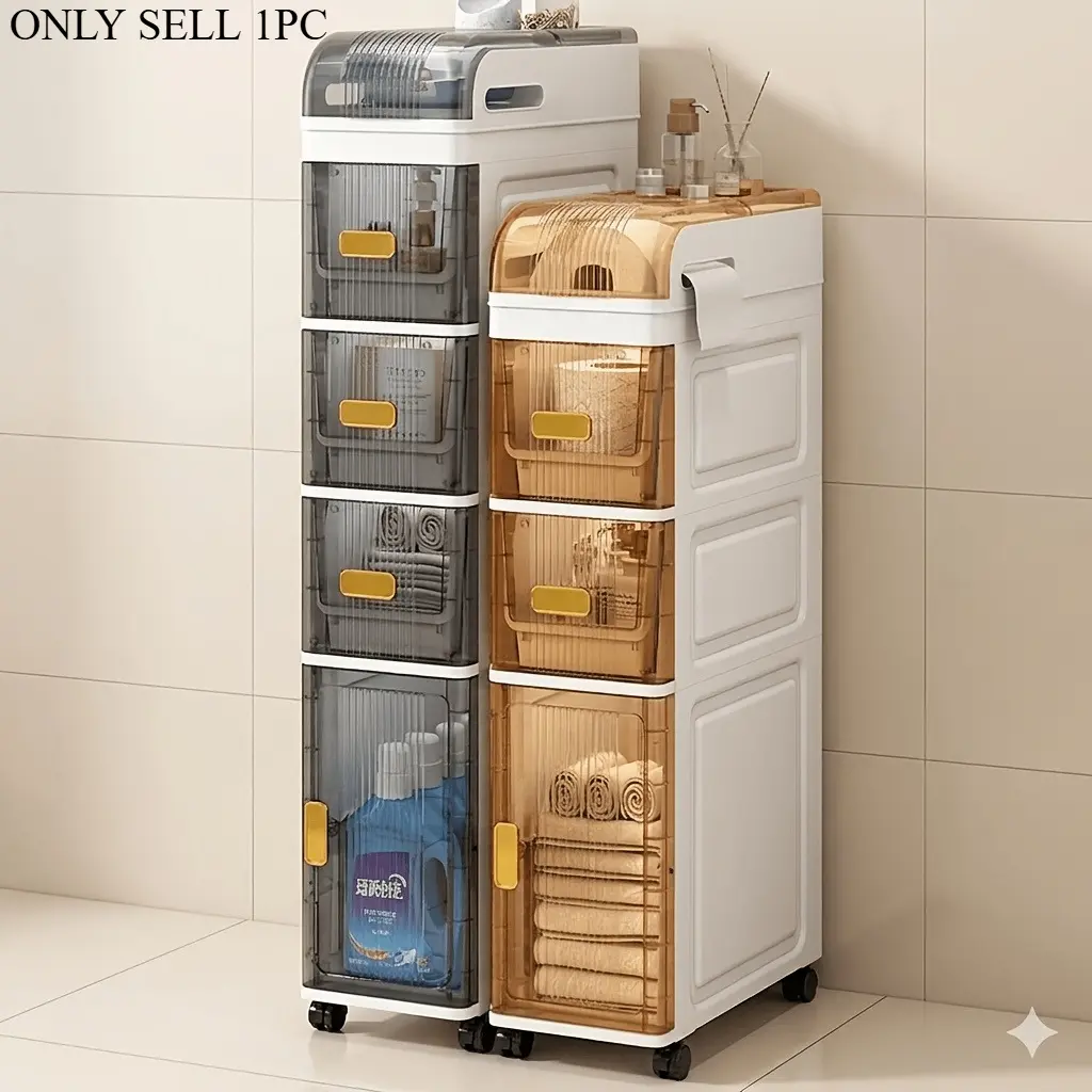 1 piece of bathroom crevice cabinet, toilet side floor-standing multi-functional Sliding Storage cover-type storage box for washroom storage Plastic Organizer Cabinet