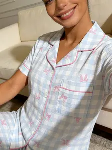 Women's Short Sleeve Long Pants Cardigan Sleepwear Set, Blue Plaid Bow Full Print, Casual Slim Fit Home Wear, All Seasons