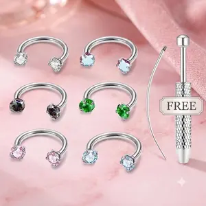 6pcs Titanium Steel Horseshoe Nose Hoops Value Pack - 18G, 1mm, with Free Ball Holder & Guiding Needle (Body Piercing Costume Jewelry Accessory)