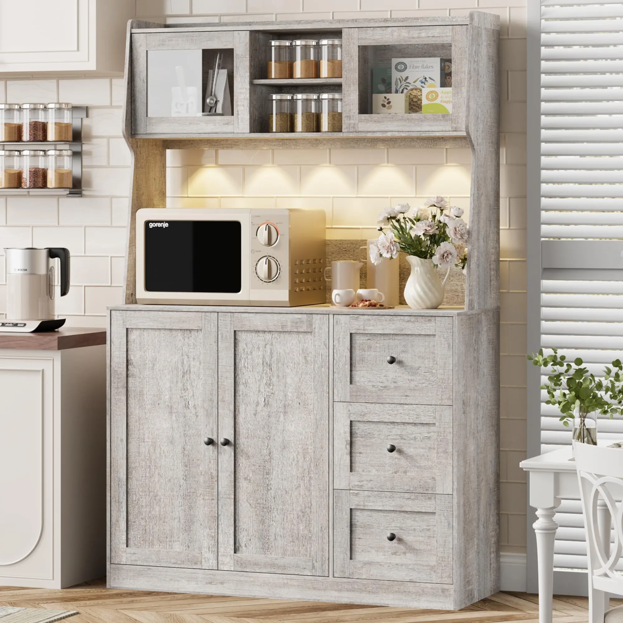 Sturdy Wood Freestanding Pantry Cabinet - 67" Height Engineered Wood Indoor Cupboard with Adjustable Shelves, Solid Countertop, Built-in LED Lights, Anti-Tipping Safety Device, Farmhouse Organizer (Assembly Required, 43.3x15.3x66.9in) for Entryway
