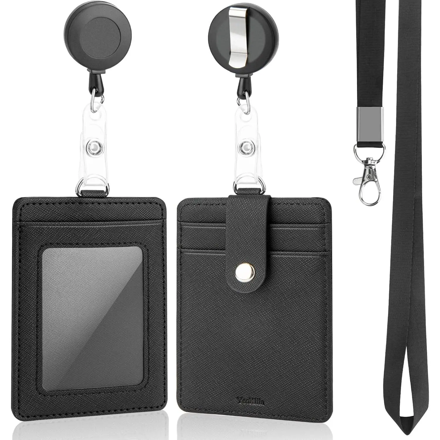 PU Leather Badge Holder with Lanyard, Black Lanyard with Retractable Reel Clips, Multiple Card Slots with Leather Snap, ID Badge Holder for Office Staff  Teacher